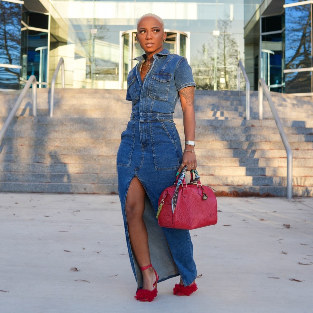 Good American Blue Denim Maxi Dress with Front Slit